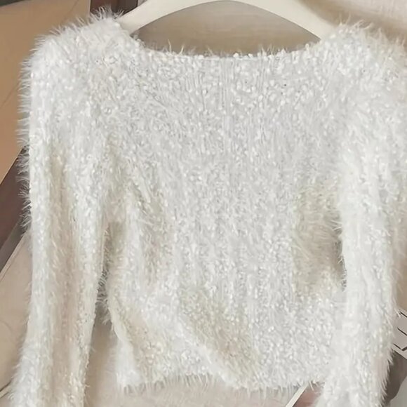 White Fuzzy Bobbles Knitted Scoop Neck Pullover Top - Picture 2 of 4